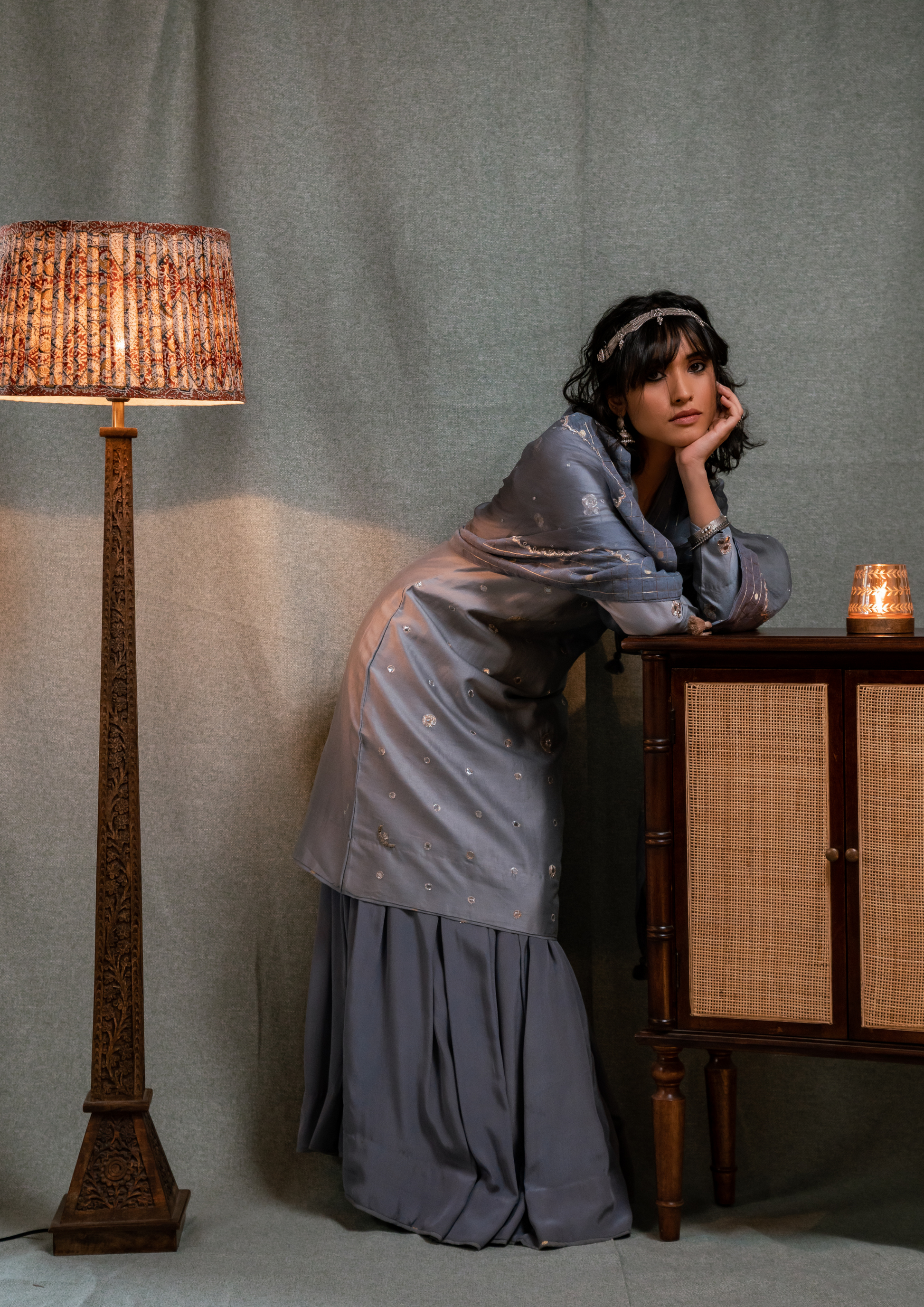 Bright Steel Grey Hand Embroidered Kurta with Skirt and Organza Dupatta
