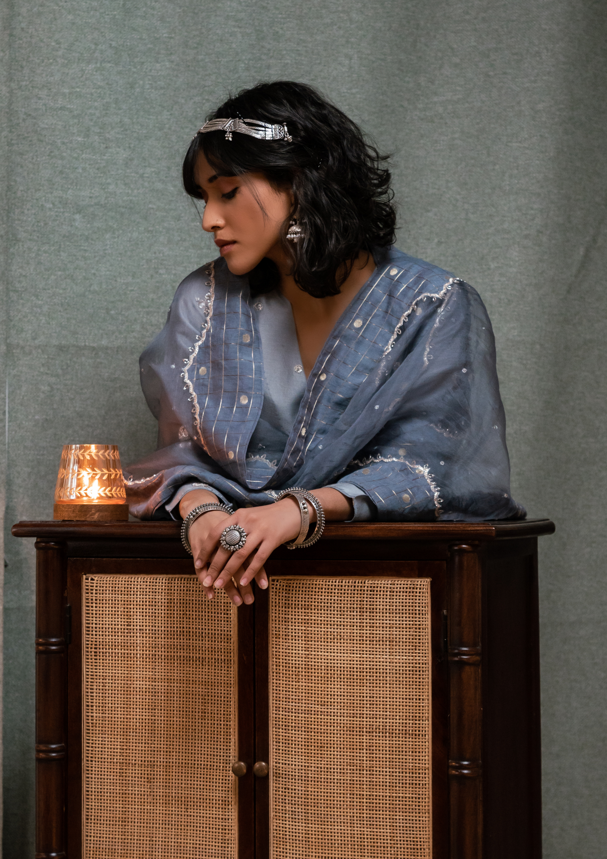 Bright Steel Grey Hand Embroidered Kurta with Skirt and Organza Dupatta