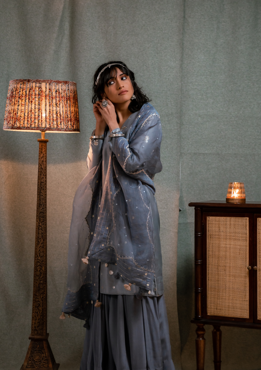 Bright Steel Grey Hand Embroidered Kurta with Skirt and Organza Dupatta