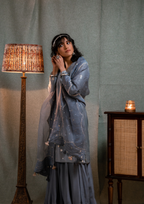 Bright Steel Grey Hand Embroidered Kurta with Skirt and Organza Dupatta