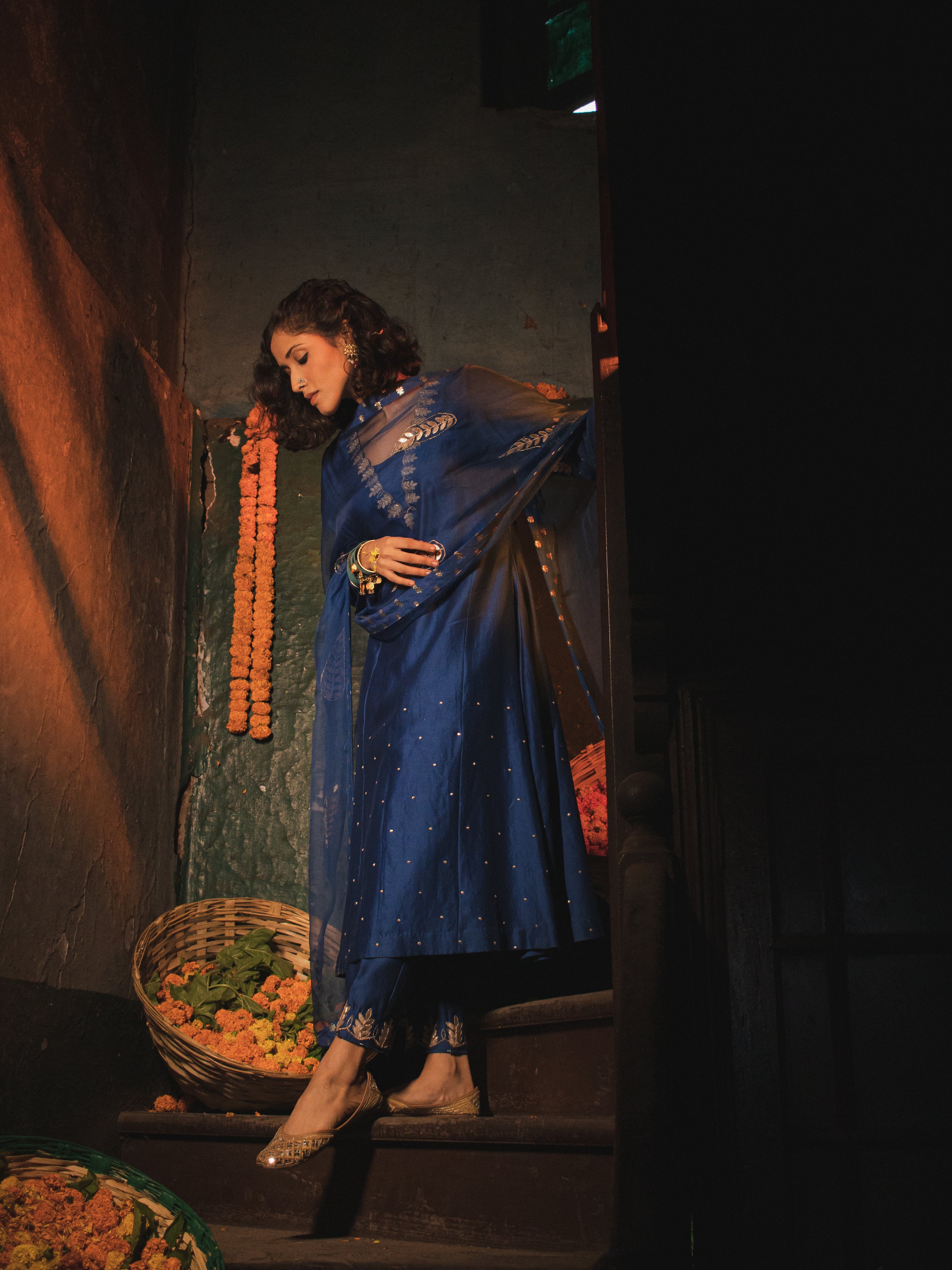 Egyptian Blue Silk Chanderi Gotta Patti Hand Embroidered Kalidaar Set With Silk Organza Dupatta