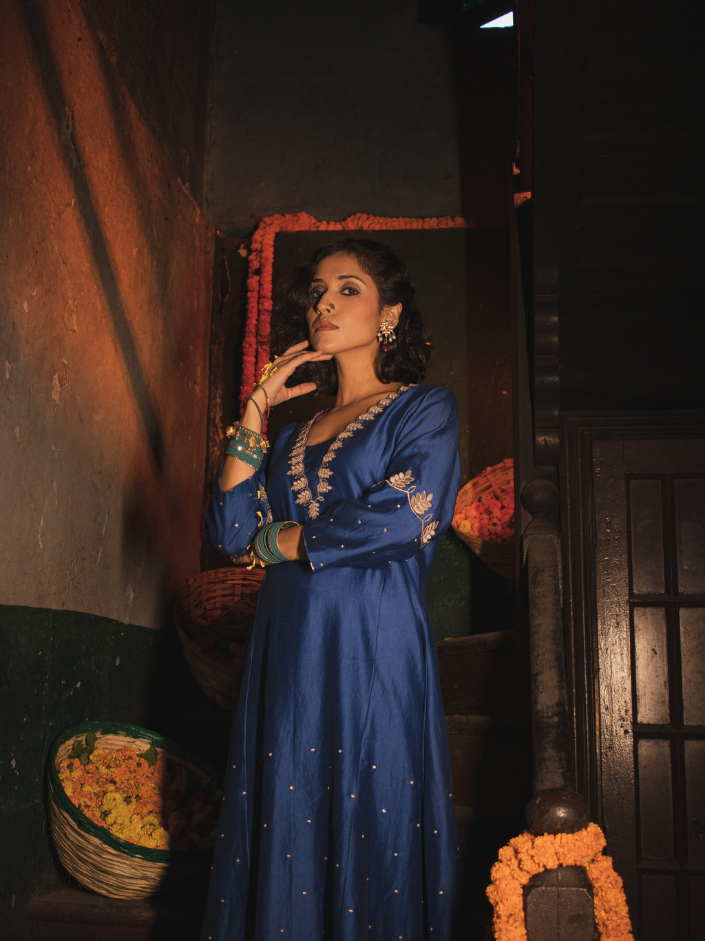 Egyptian Blue Silk Chanderi Gotta Patti Hand Embroidered Kalidaar Set With Silk Organza Dupatta