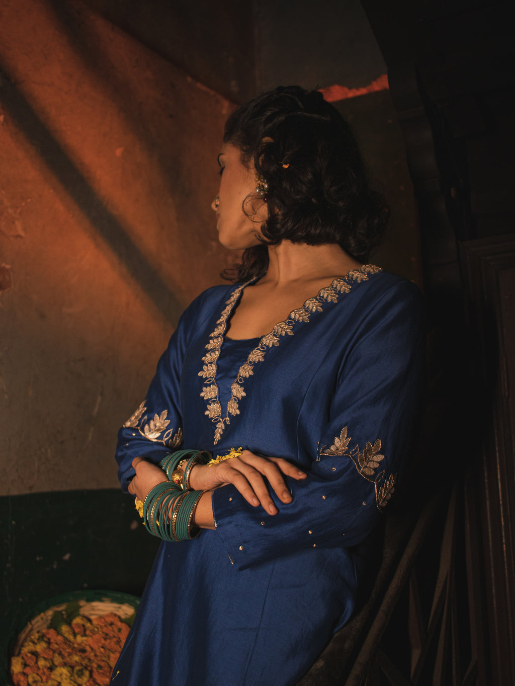 Egyptian Blue Silk Chanderi Gotta Patti Hand Embroidered Kalidaar Set With Silk Organza Dupatta