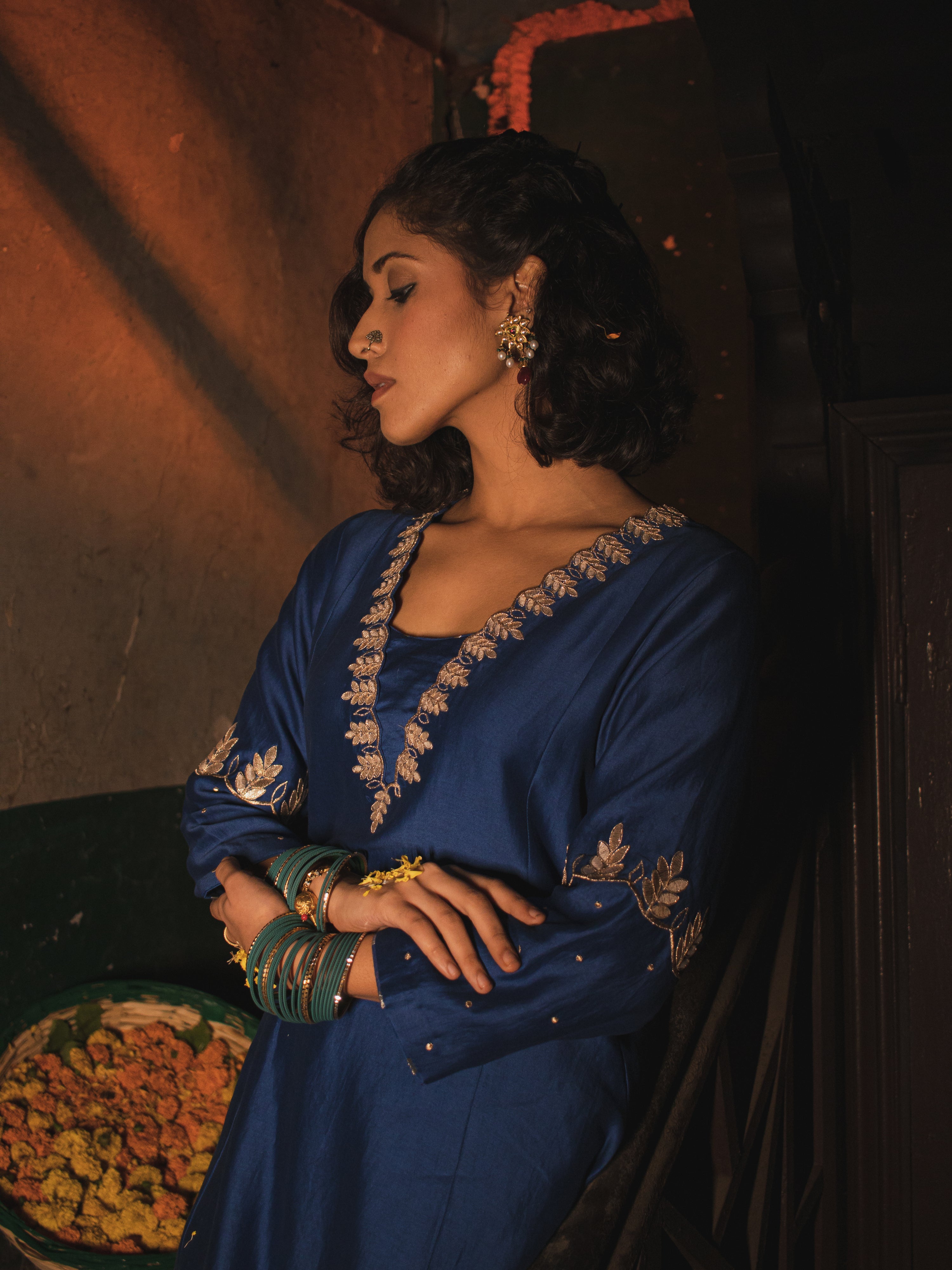 Egyptian Blue Silk Chanderi Gotta Patti Hand Embroidered Kalidaar Set With Silk Organza Dupatta