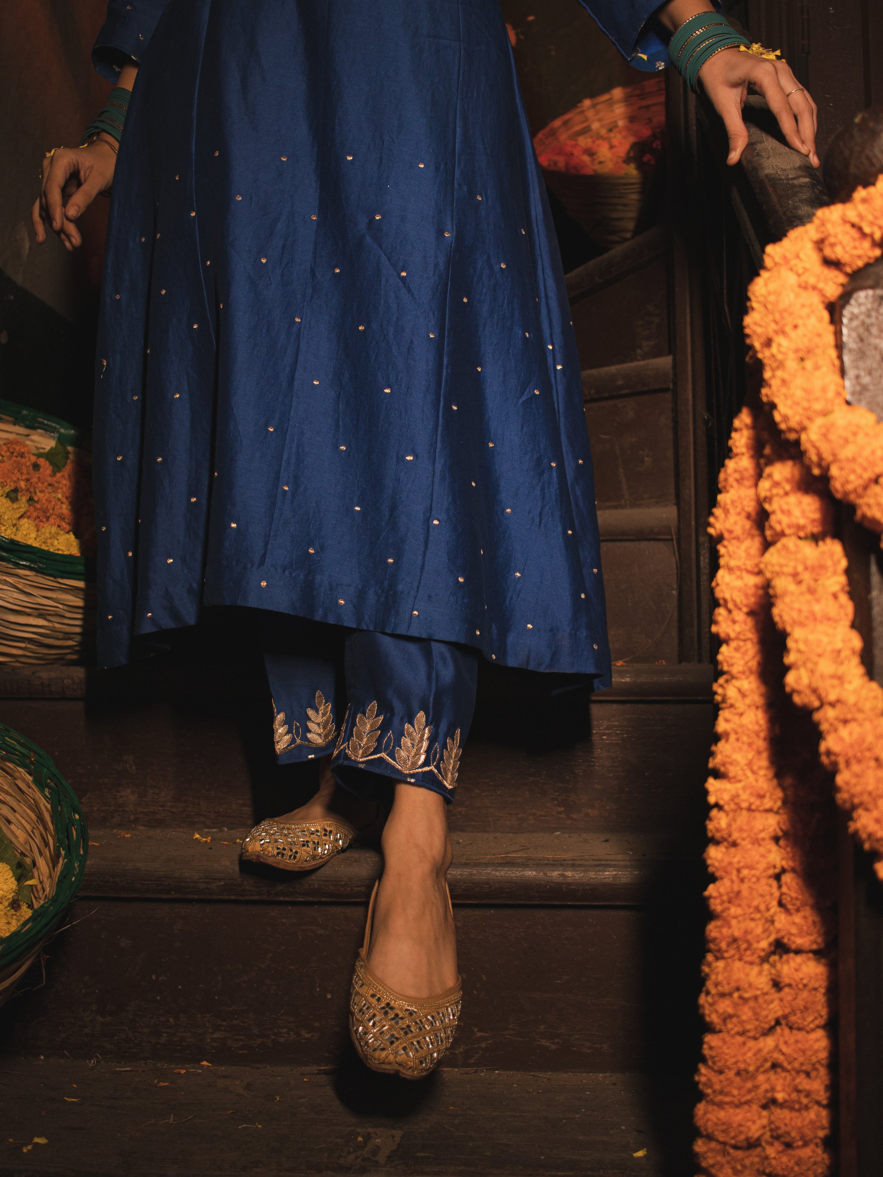 Egyptian Blue Silk Chanderi Gotta Patti Hand Embroidered Kalidaar Set With Silk Organza Dupatta