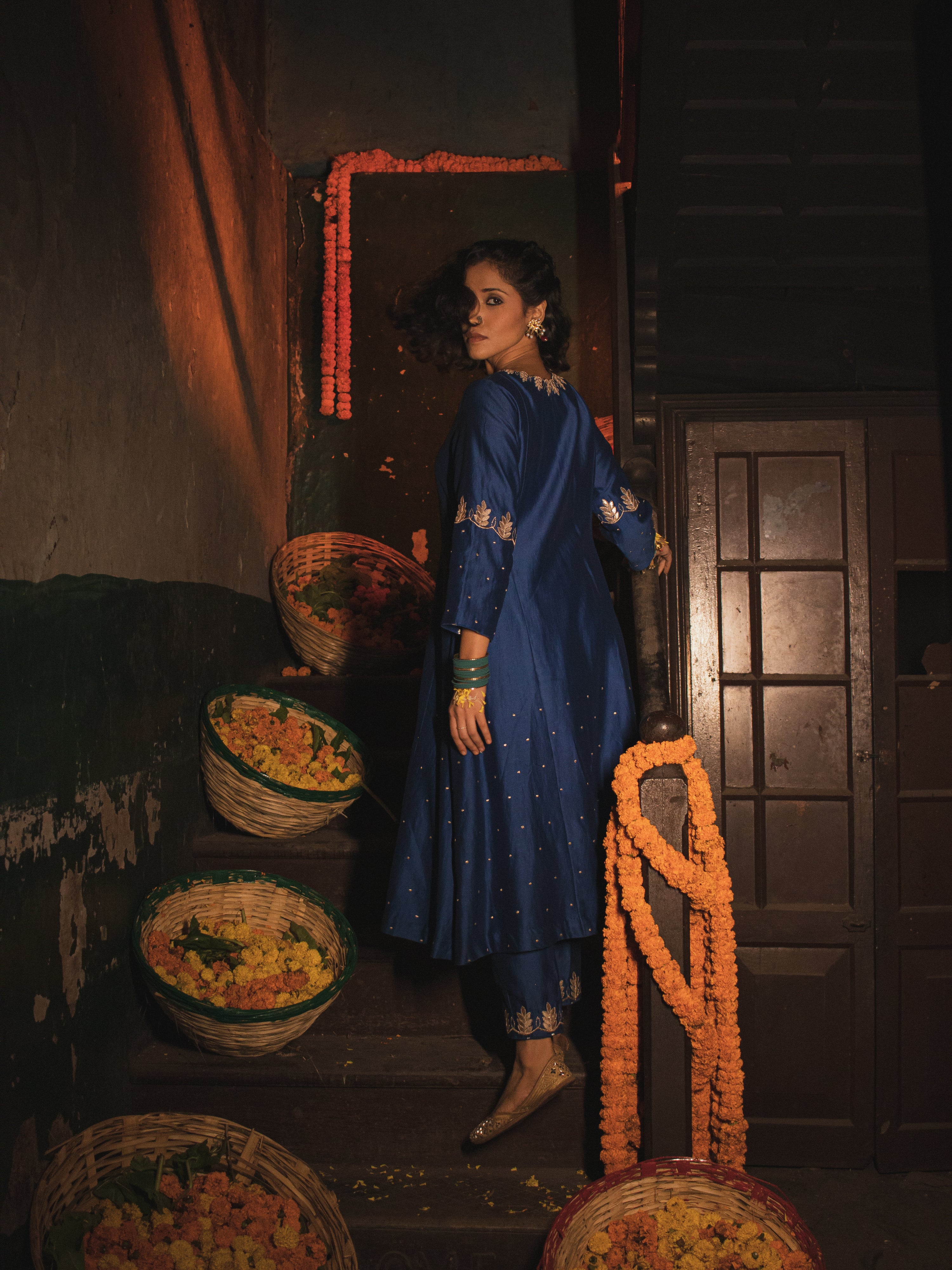 Egyptian Blue Silk Chanderi Gotta Patti Hand Embroidered Kalidaar Set With Silk Organza Dupatta