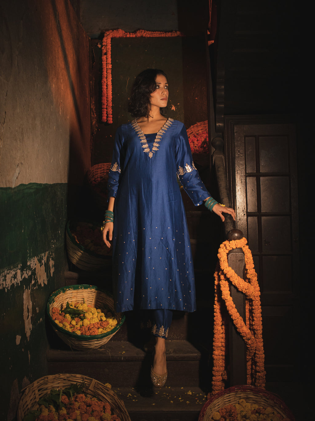 Egyptian Blue Silk Chanderi Gotta Patti Hand Embroidered Kalidaar Set With Silk Organza Dupatta