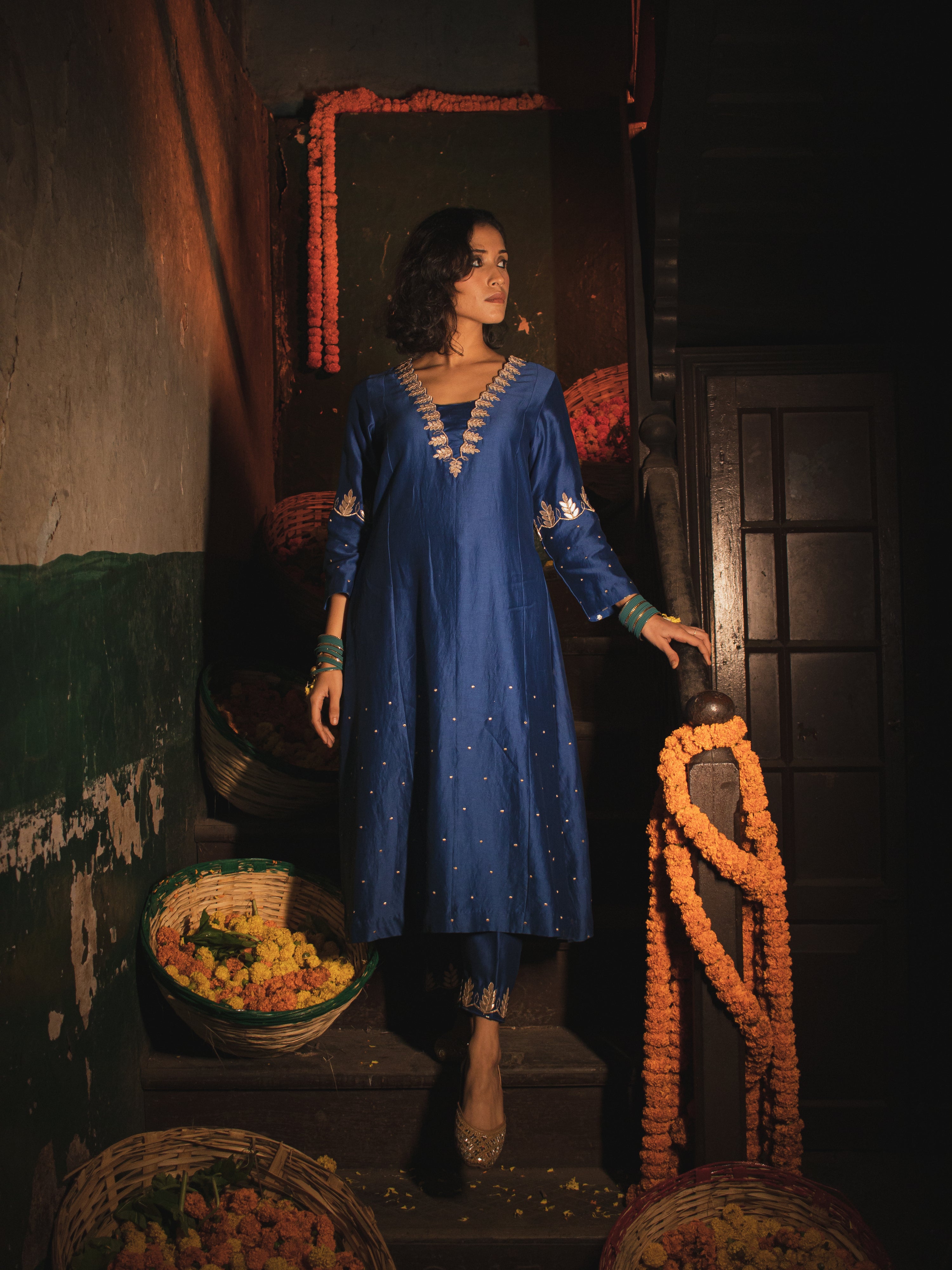 Egyptian Blue Silk Chanderi Gotta Patti Hand Embroidered Kalidaar Set With Silk Organza Dupatta