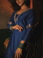 Egyptian Blue Silk Chanderi Gotta Patti Hand Embroidered Kalidaar Set With Silk Organza Dupatta