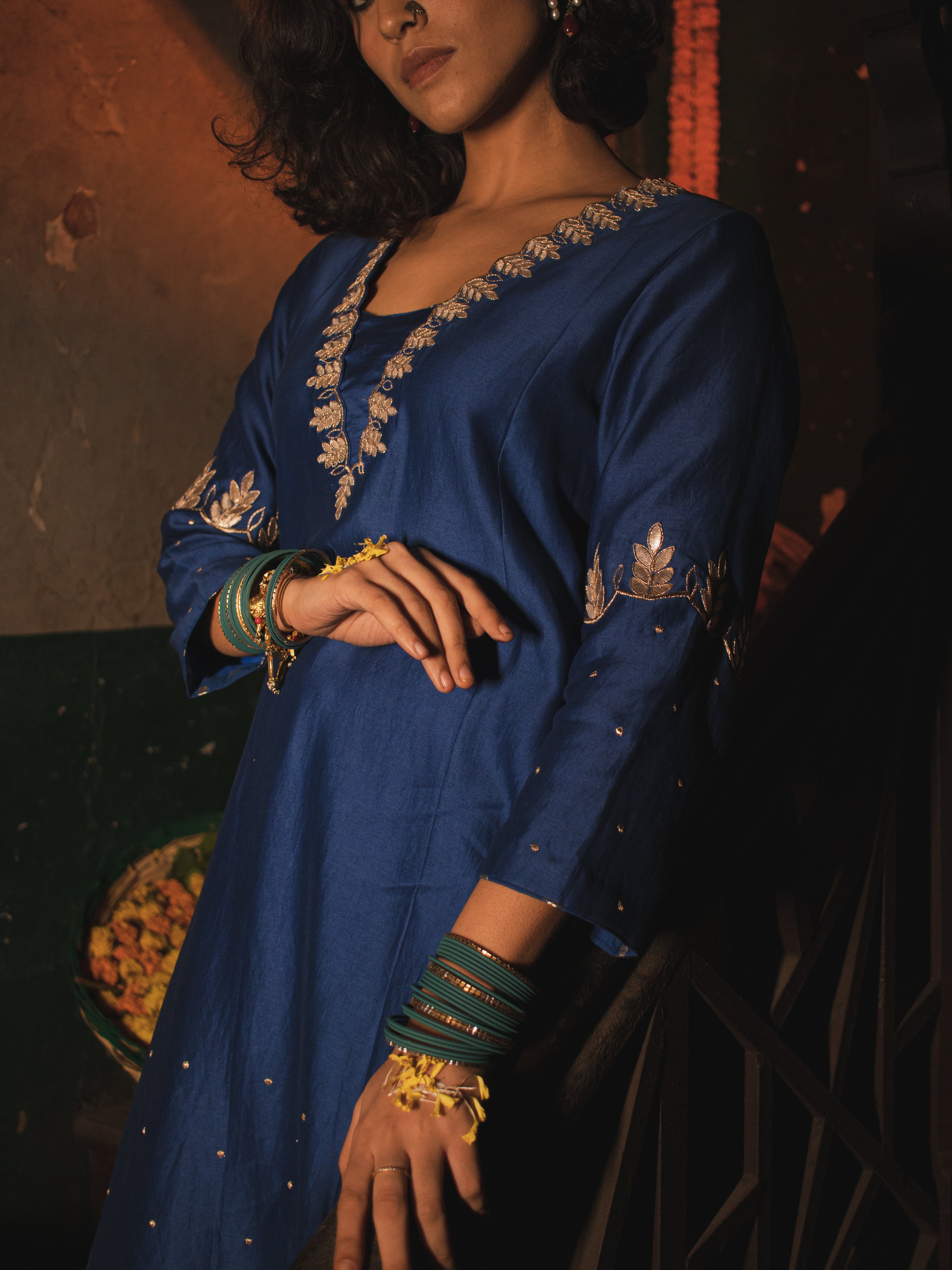 Egyptian Blue Silk Chanderi Gotta Patti Hand Embroidered Kalidaar Set With Silk Organza Dupatta