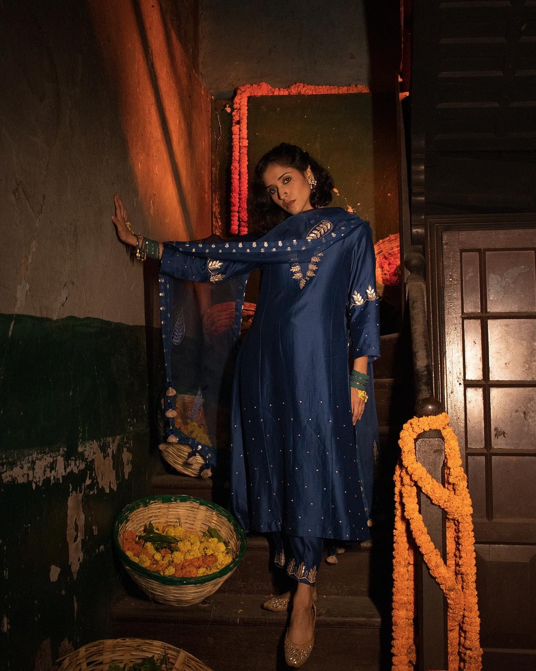 Egyptian Blue Silk Chanderi Gotta Patti Hand Embroidered Kalidaar Set With Silk Organza Dupatta