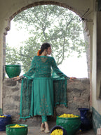 Emerald Green Cotton Silk Hand Embroidered Kalidar Set With Heavy Silk Organza Dupatta