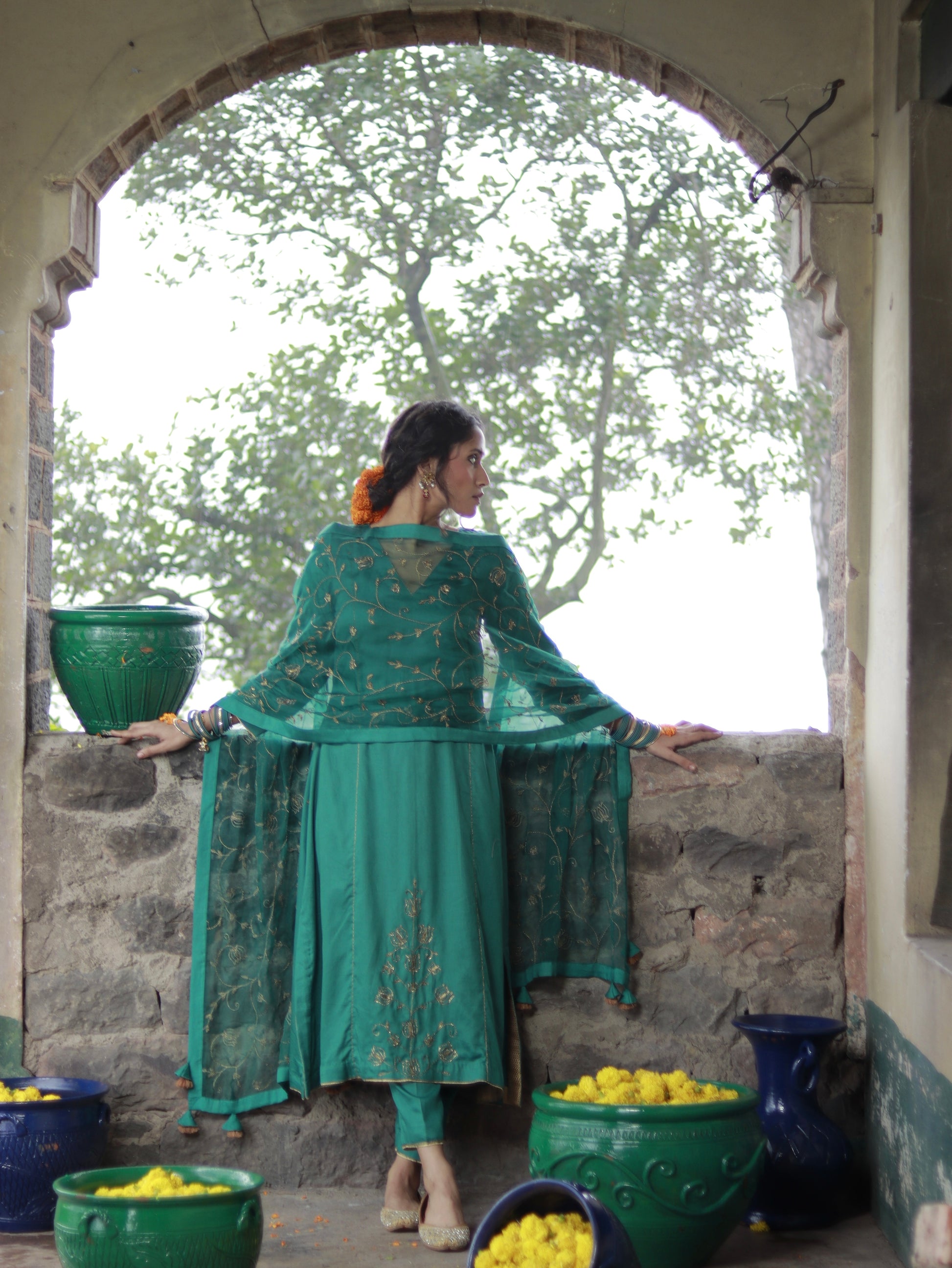 Emerald Green Cotton Silk Hand Embroidered Kalidar Set With Heavy Silk Organza Dupatta