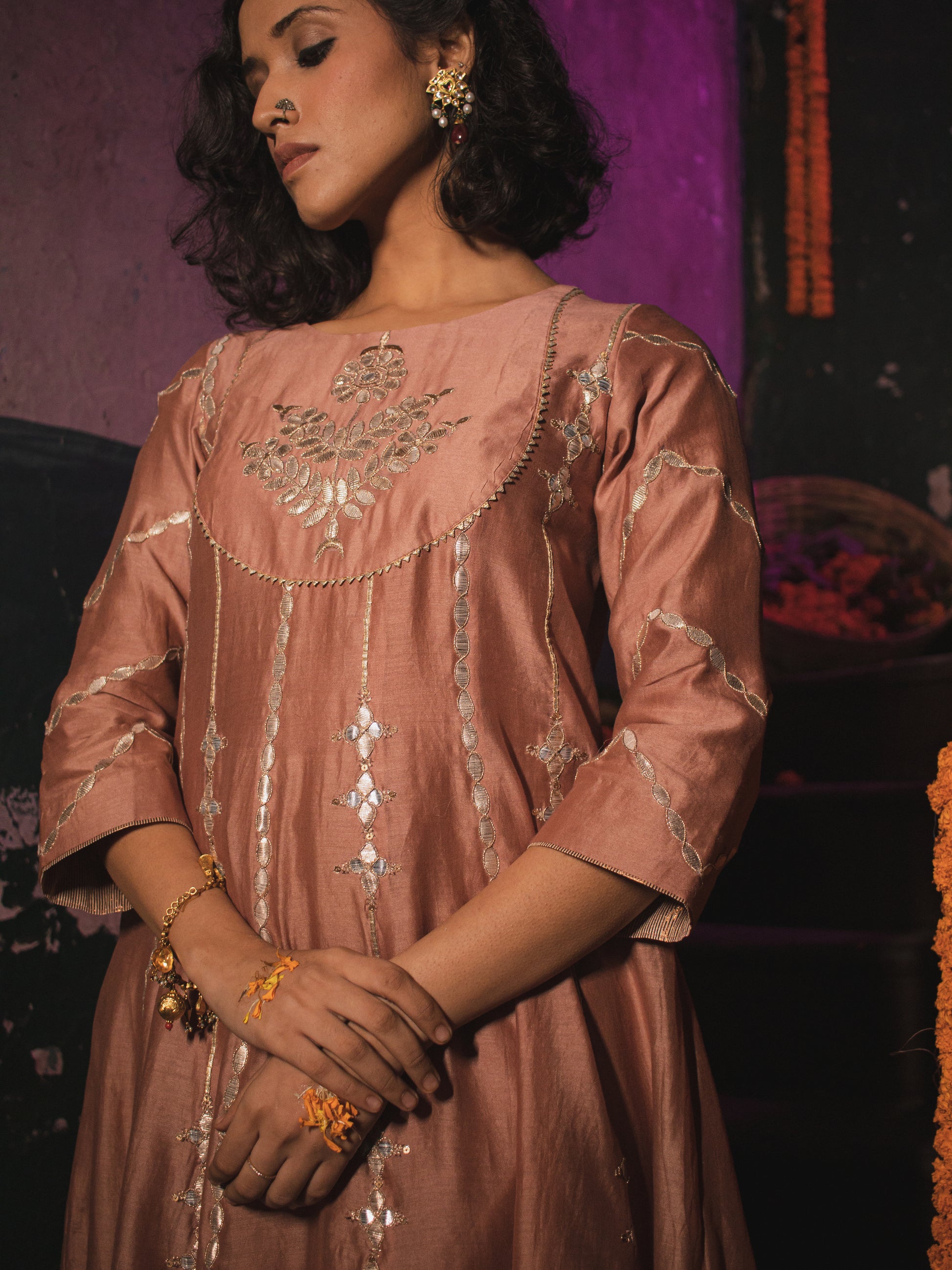 Sand Peach Silk Chanderi Gotta Patti Embroidered Short Anarkali With Pakistani Pants And Silk Organza Dupatta