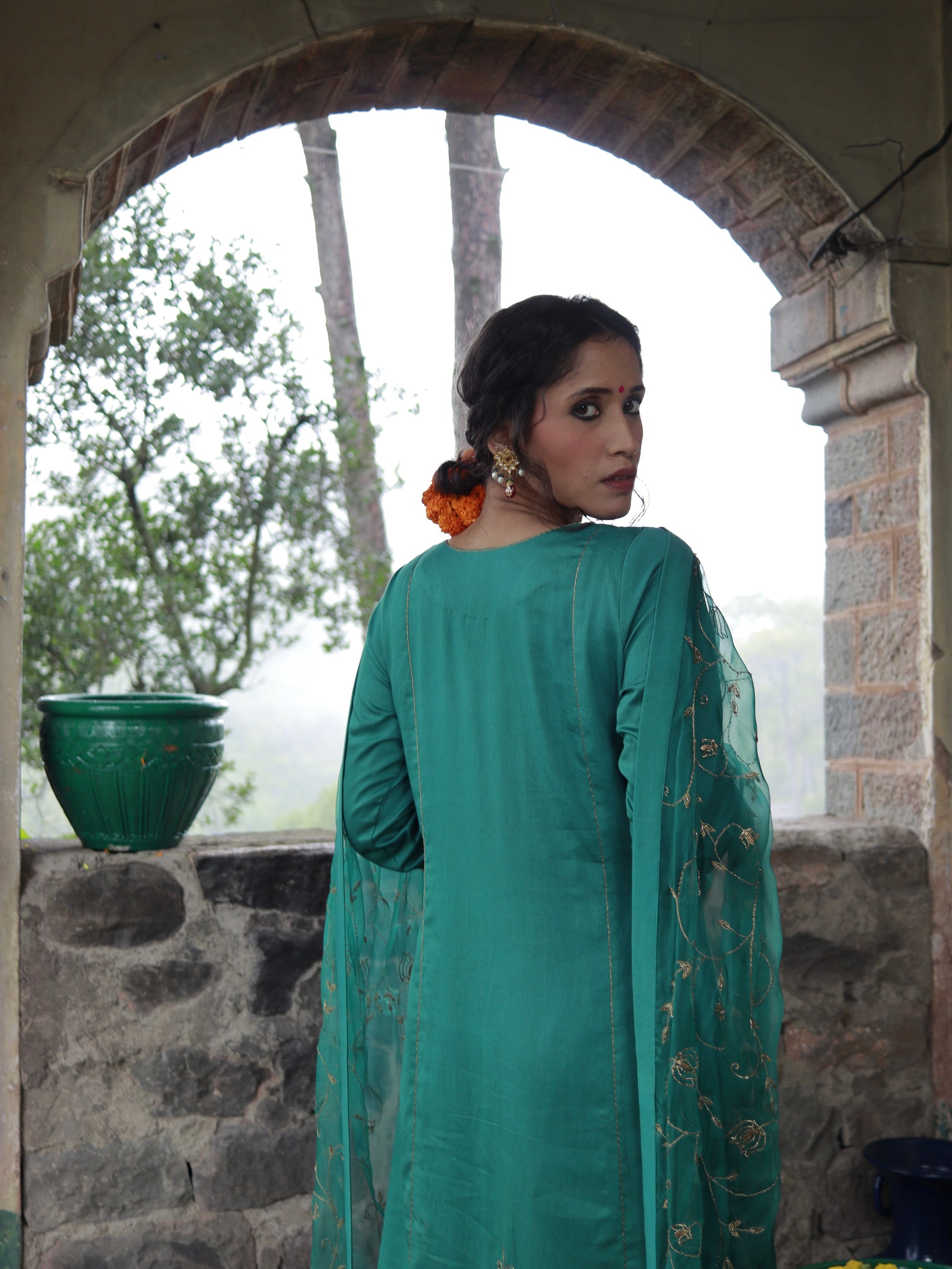 Emerald Green Cotton Silk Hand Embroidered Kalidar Set With Heavy Silk Organza Dupatta