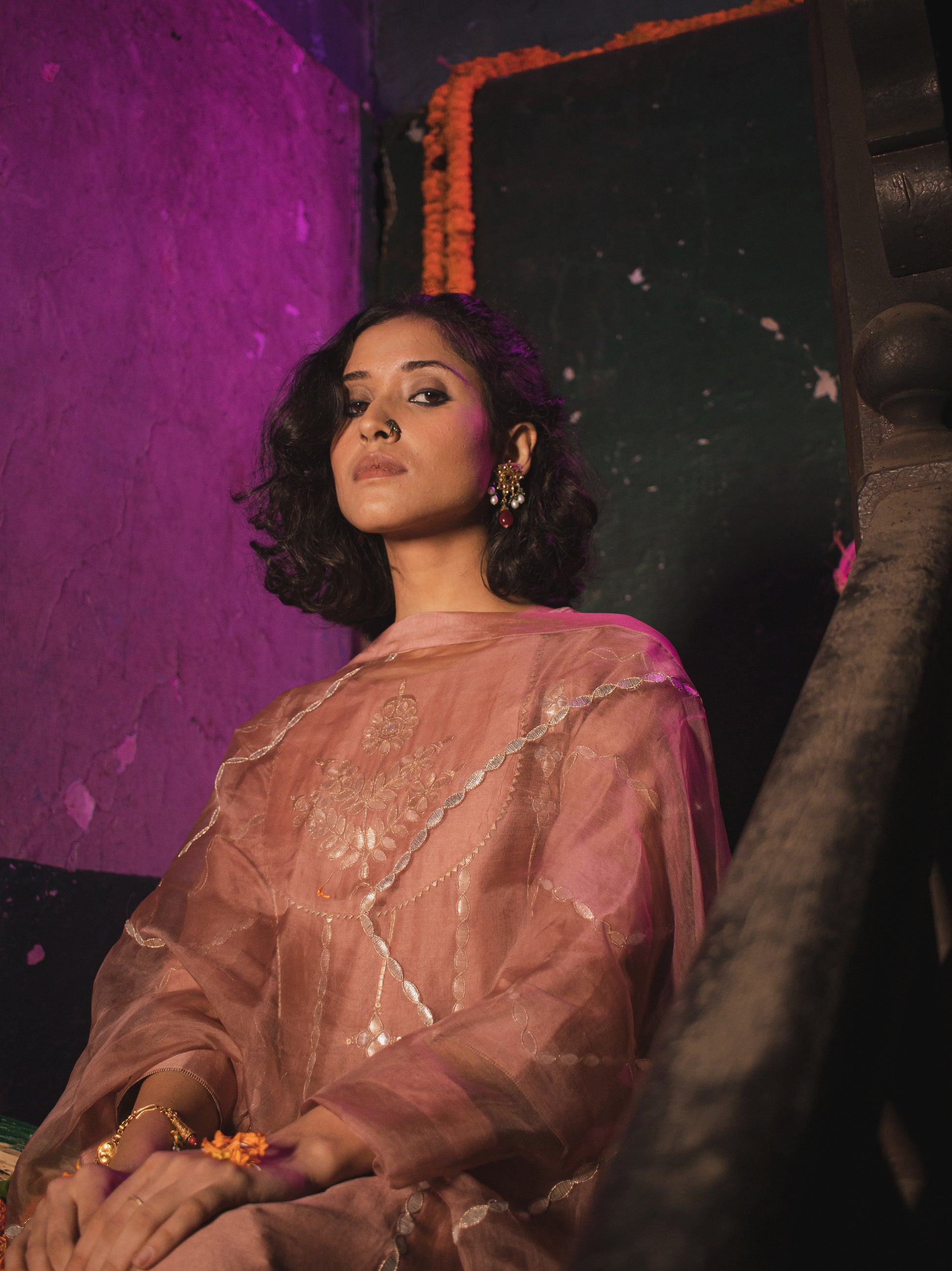 Sand Peach Silk Chanderi Gotta Patti Embroidered Short Anarkali With Pakistani Pants And Silk Organza Dupatta