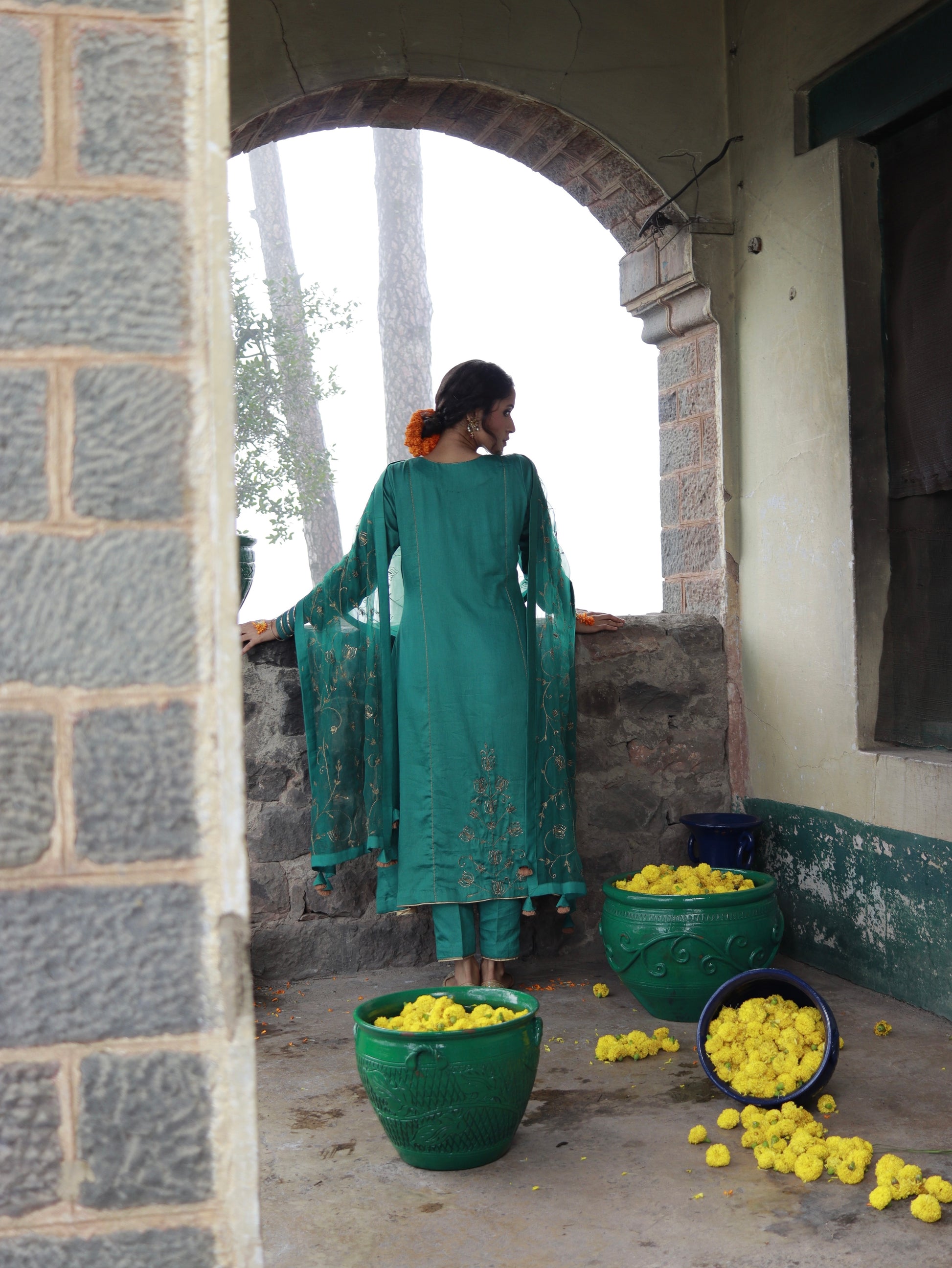 Emerald Green Cotton Silk Hand Embroidered Kalidar Set With Heavy Silk Organza Dupatta