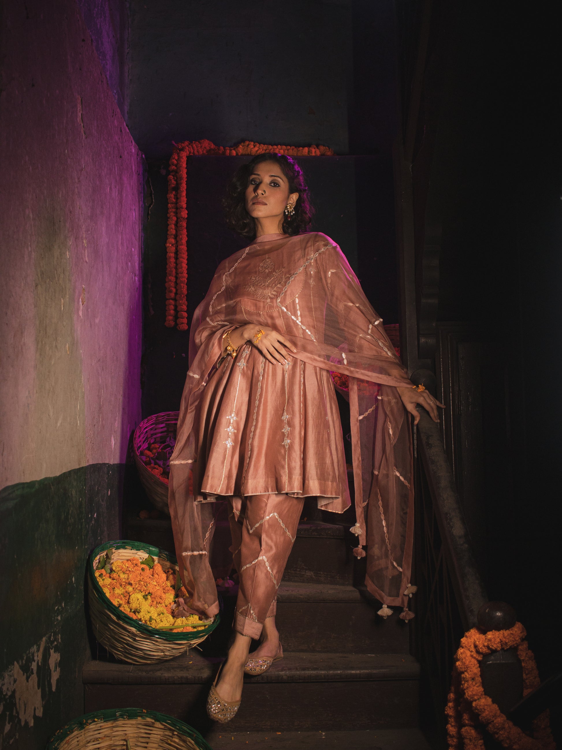 Sand Peach Silk Chanderi Gotta Patti Embroidered Short Anarkali With Pakistani Pants And Silk Organza Dupatta