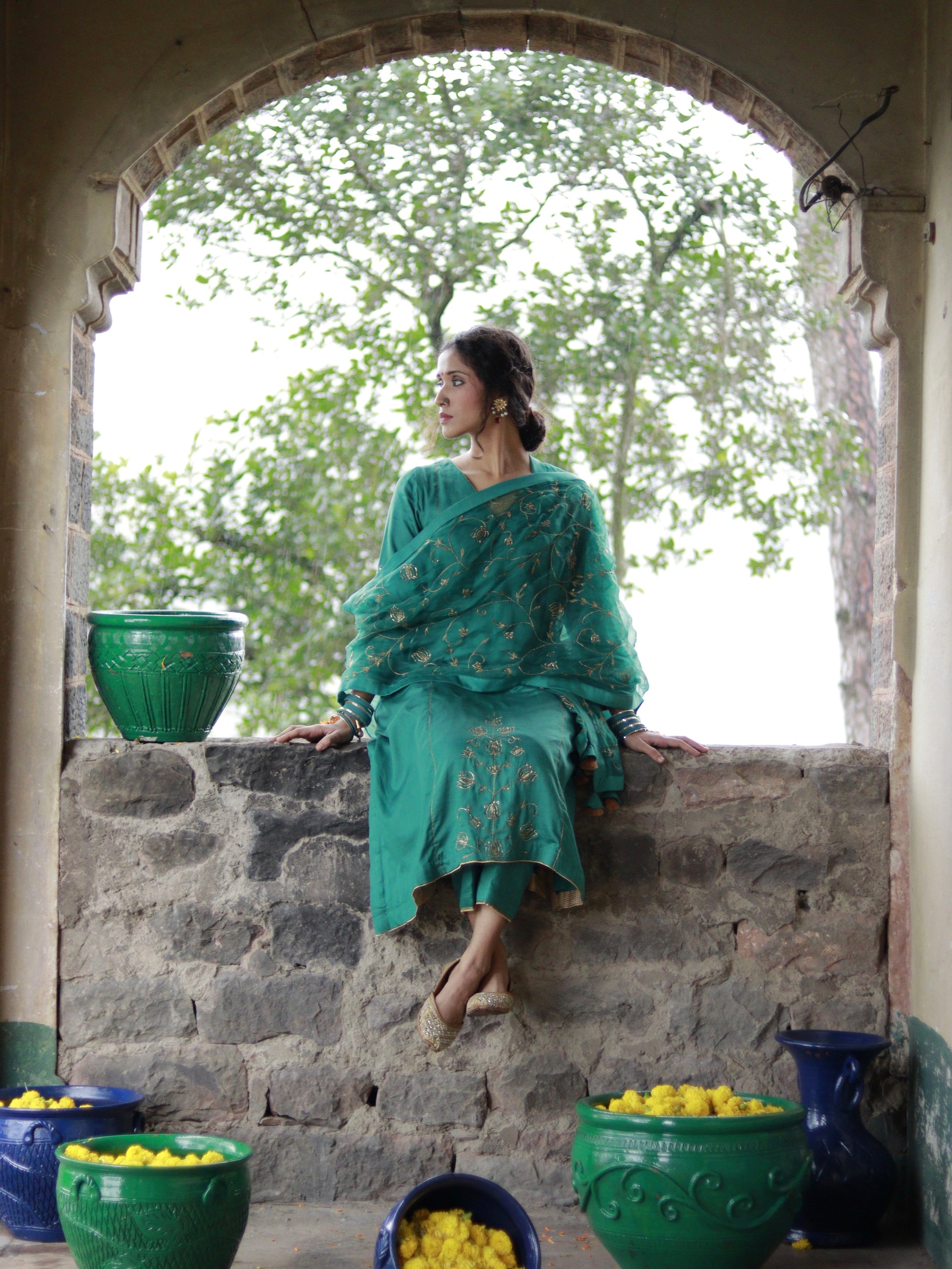 Emerald Green Cotton Silk Hand Embroidered Kalidar Set With Heavy Silk Organza Dupatta