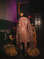 Sand Peach Silk Chanderi Gotta Patti Embroidered Short Anarkali With Pakistani Pants And Silk Organza Dupatta