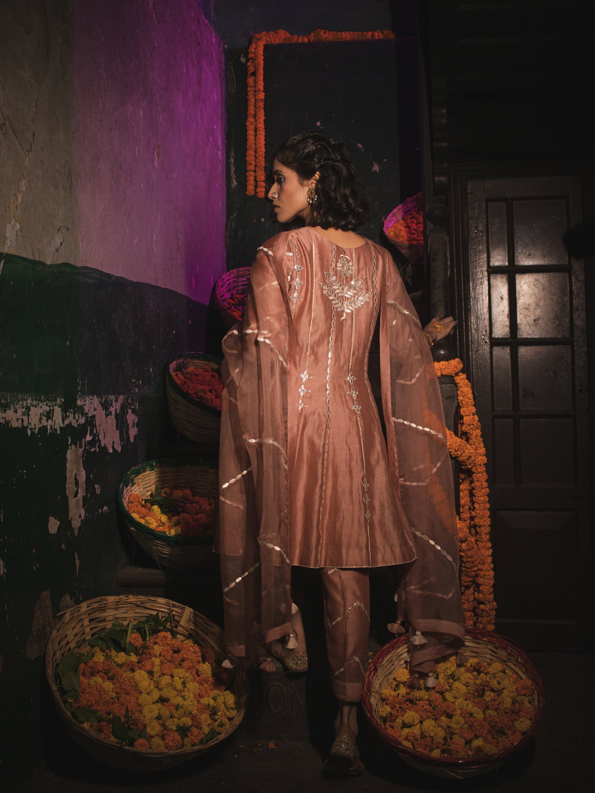 Sand Peach Silk Chanderi Gotta Patti Embroidered Short Anarkali With Pakistani Pants And Silk Organza Dupatta
