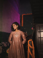 Sand Peach Silk Chanderi Gotta Patti Embroidered Short Anarkali With Pakistani Pants And Silk Organza Dupatta