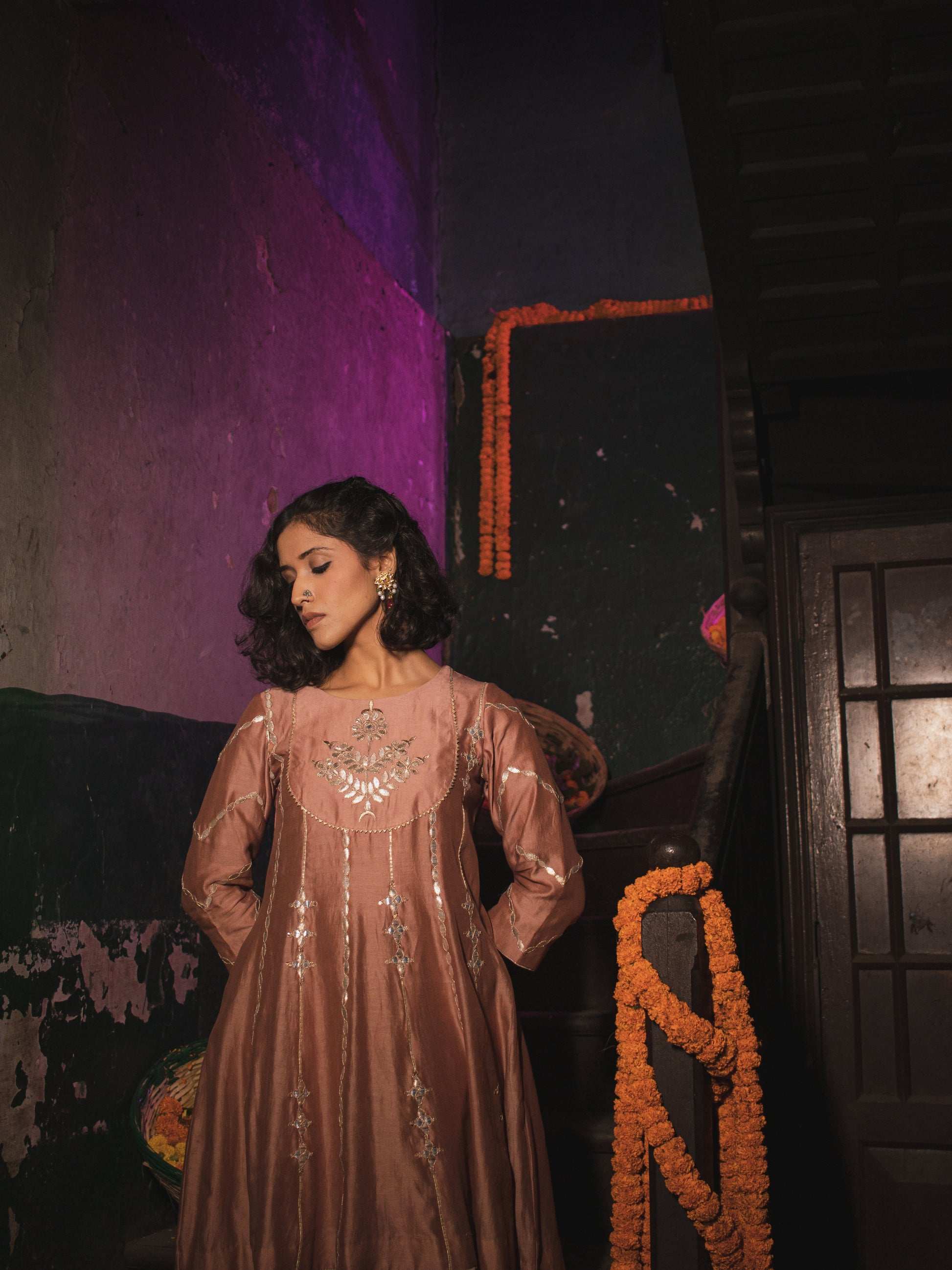 Sand Peach Silk Chanderi Gotta Patti Embroidered Short Anarkali With Pakistani Pants And Silk Organza Dupatta