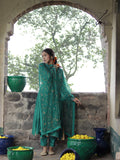 Emerald Green Cotton Silk Hand Embroidered Kalidar Set With Heavy Silk Organza Dupatta