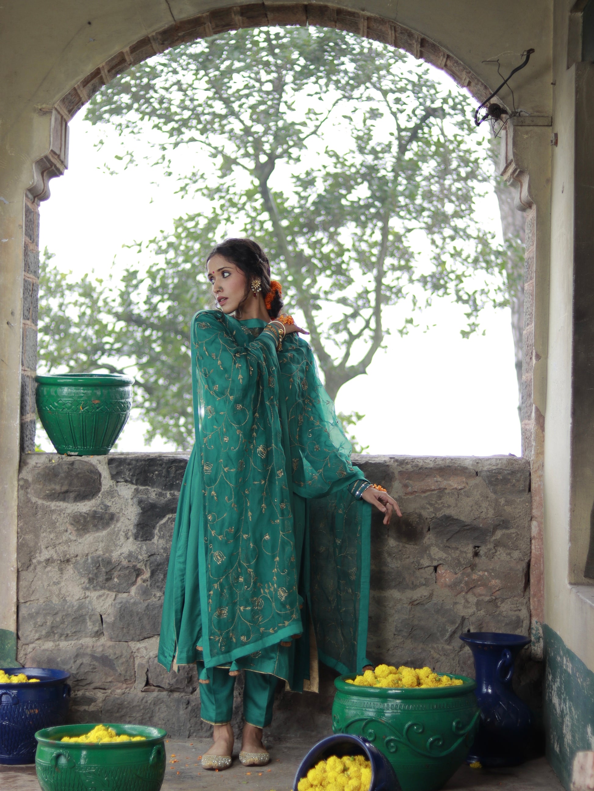 Emerald Green Cotton Silk Hand Embroidered Kalidar Set With Heavy Silk Organza Dupatta