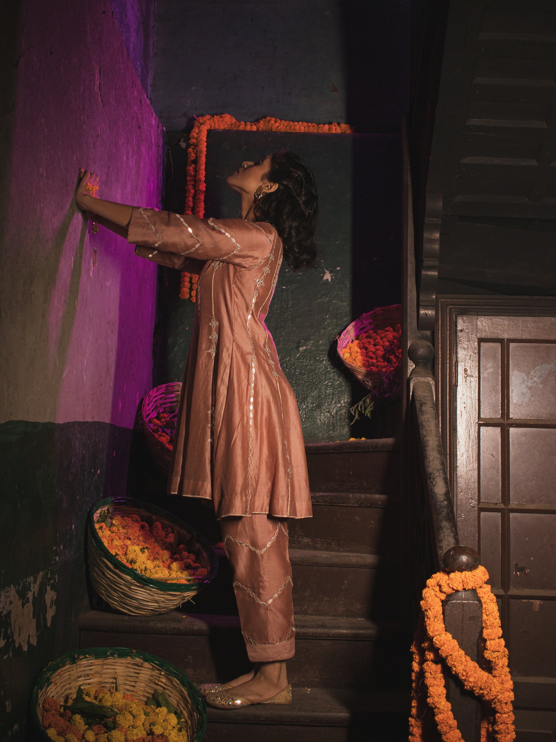 Sand Peach Silk Chanderi Gotta Patti Embroidered Short Anarkali With Pakistani Pants And Silk Organza Dupatta