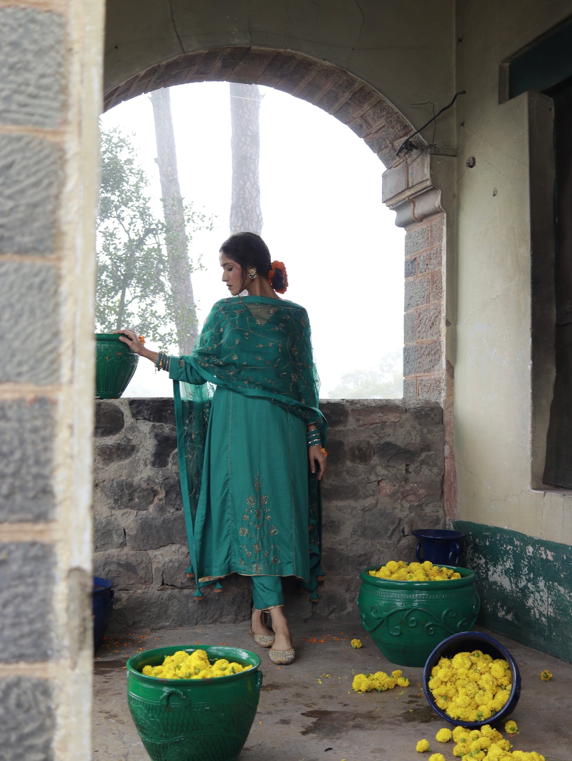 Emerald Green Cotton Silk Hand Embroidered Kalidar Set With Heavy Silk Organza Dupatta