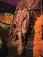 Sand Peach Silk Chanderi Gotta Patti Embroidered Short Anarkali With Pakistani Pants And Silk Organza Dupatta