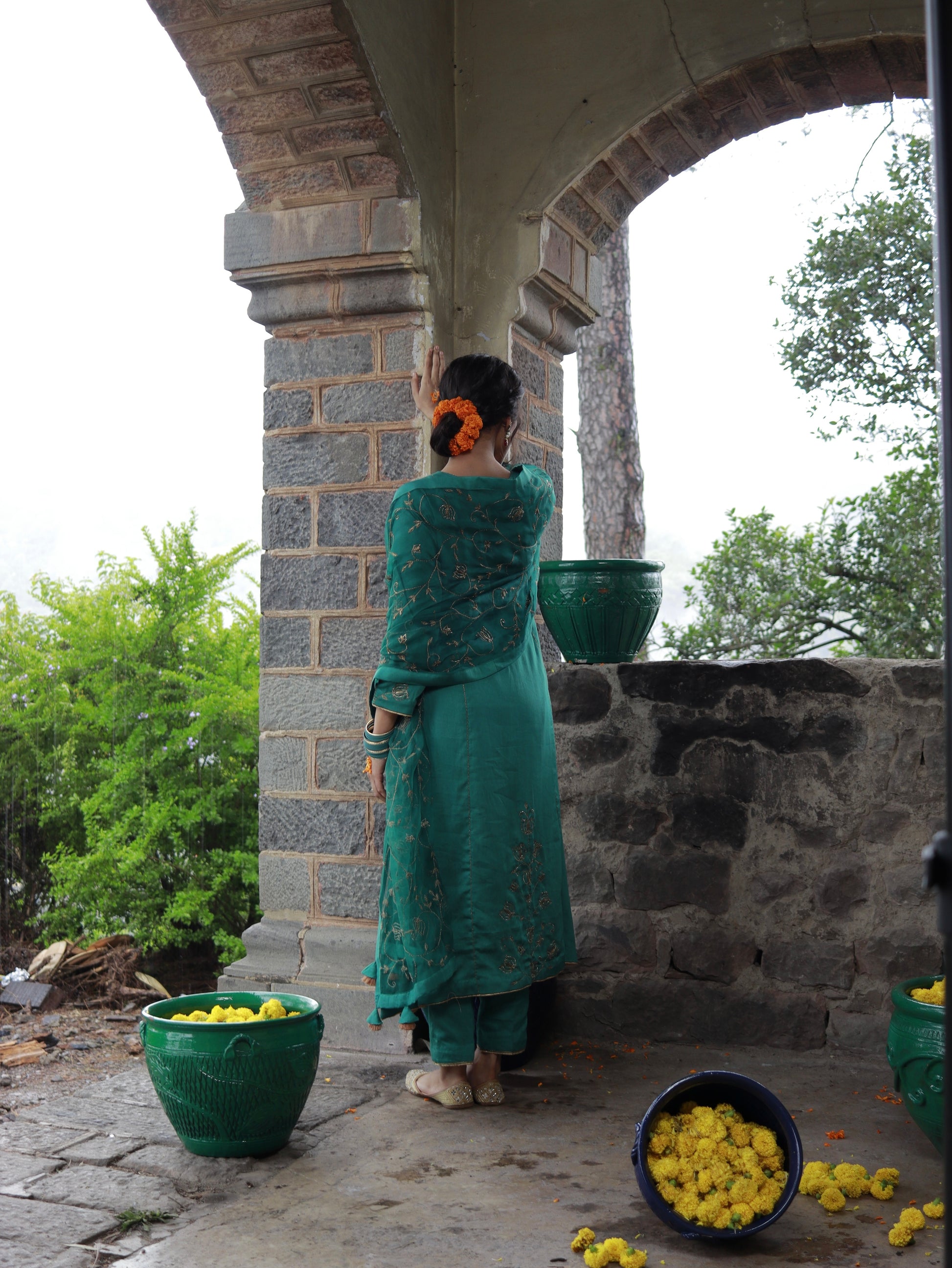 Emerald Green Cotton Silk Hand Embroidered Kalidar Set With Heavy Silk Organza Dupatta