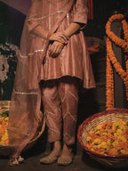Sand Peach Silk Chanderi Gotta Patti Embroidered Short Anarkali With Pakistani Pants And Silk Organza Dupatta