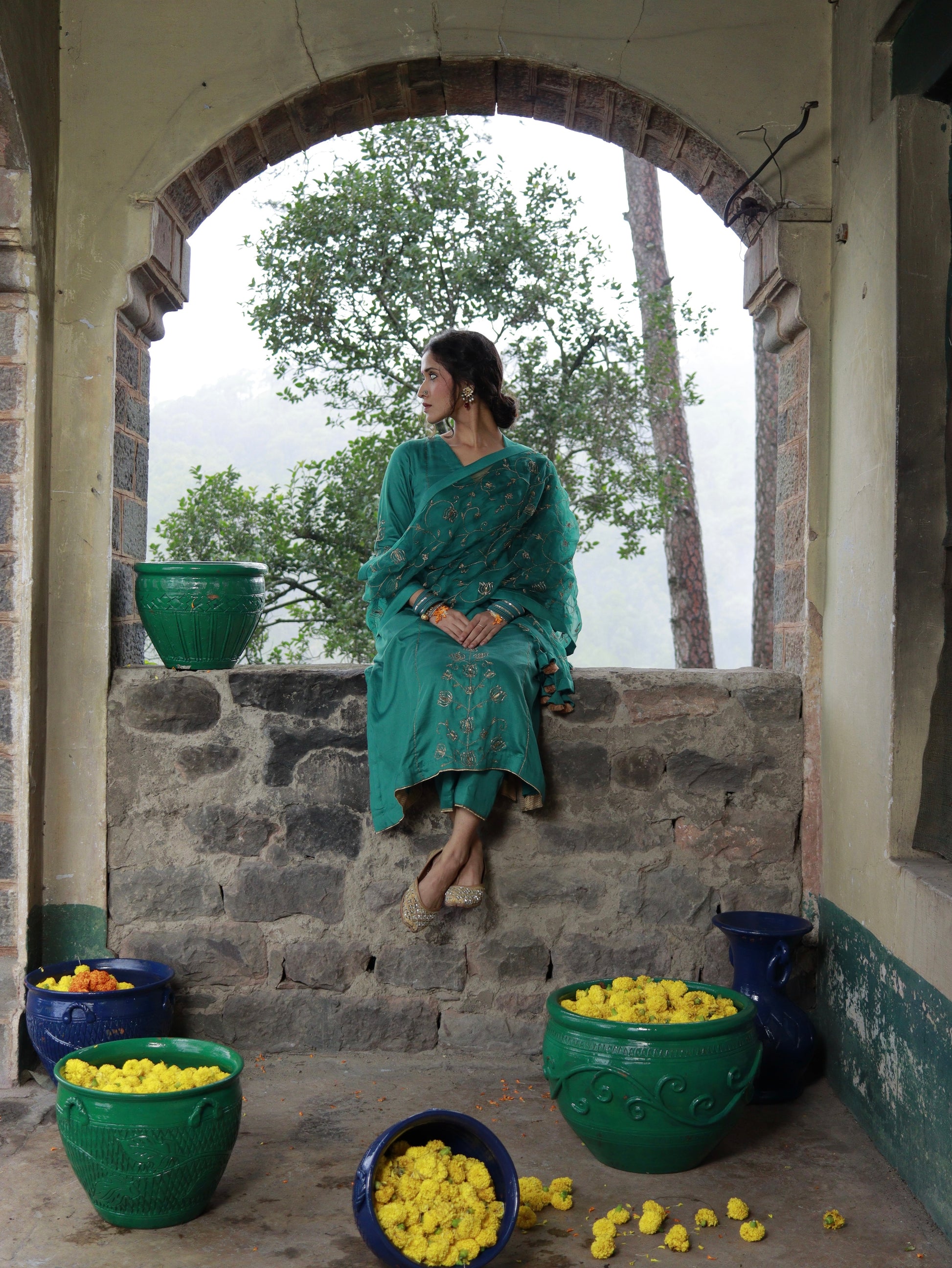 Emerald Green Cotton Silk Hand Embroidered Kalidar Set With Heavy Silk Organza Dupatta