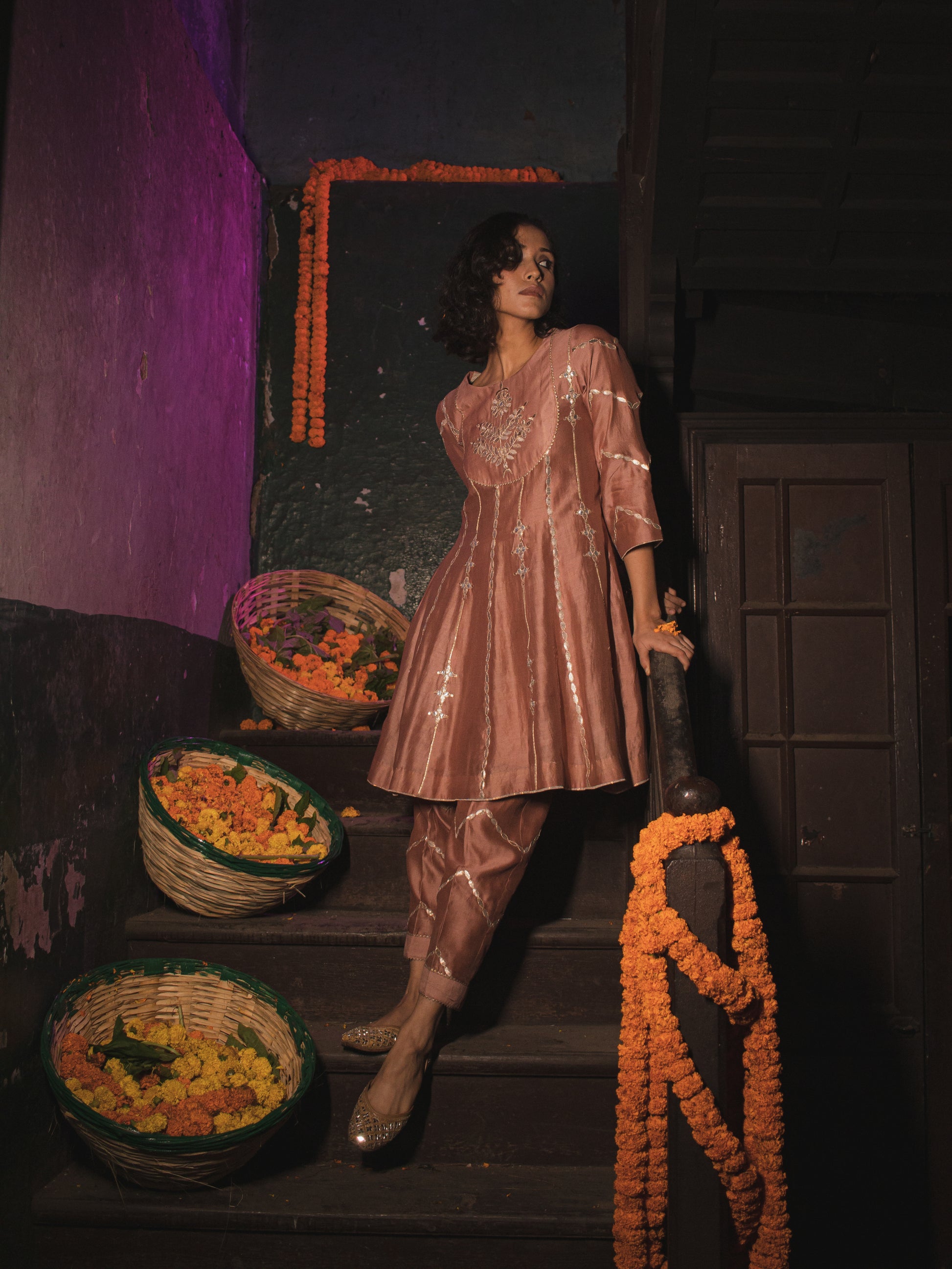 Sand Peach Silk Chanderi Gotta Patti Embroidered Short Anarkali With Pakistani Pants And Silk Organza Dupatta
