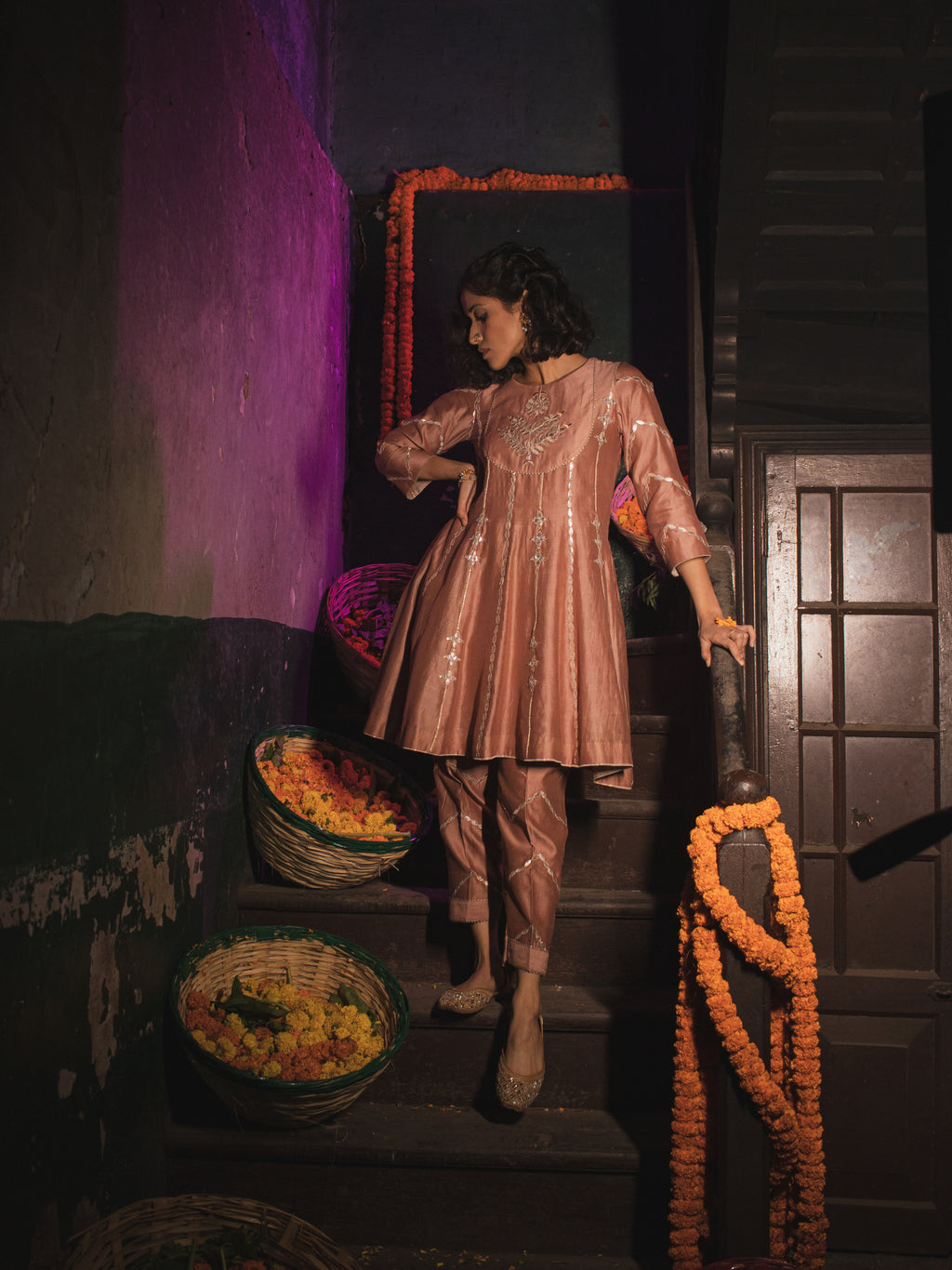 Sand Peach Silk Chanderi Gotta Patti Embroidered Short Anarkali With Pakistani Pants And Silk Organza Dupatta