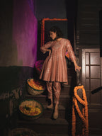 Sand Peach Silk Chanderi Gotta Patti Embroidered Short Anarkali With Pakistani Pants And Silk Organza Dupatta