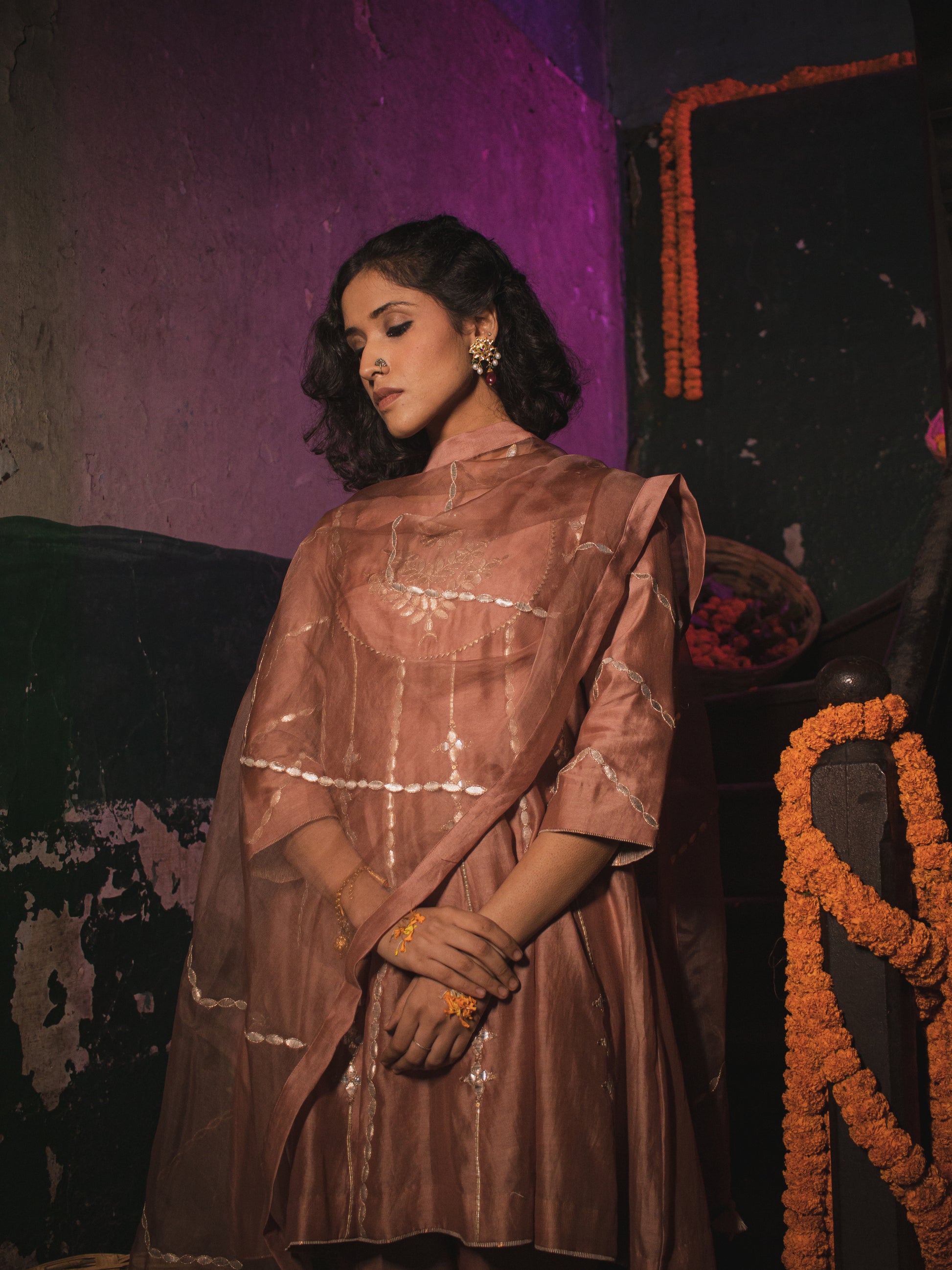 Sand Peach Silk Chanderi Gotta Patti Embroidered Short Anarkali With Pakistani Pants And Silk Organza Dupatta