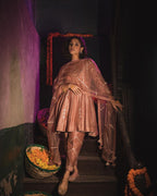 Sand Peach Silk Chanderi Gotta Patti Embroidered Short Anarkali With Pakistani Pants And Silk Organza Dupatta