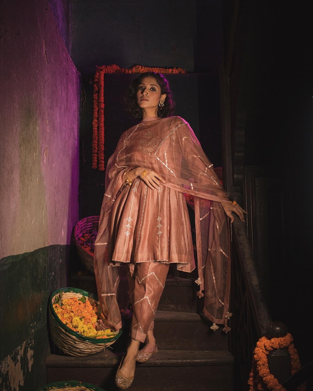 Sand Peach Silk Chanderi Gotta Patti Embroidered Short Anarkali With Pakistani Pants And Silk Organza Dupatta