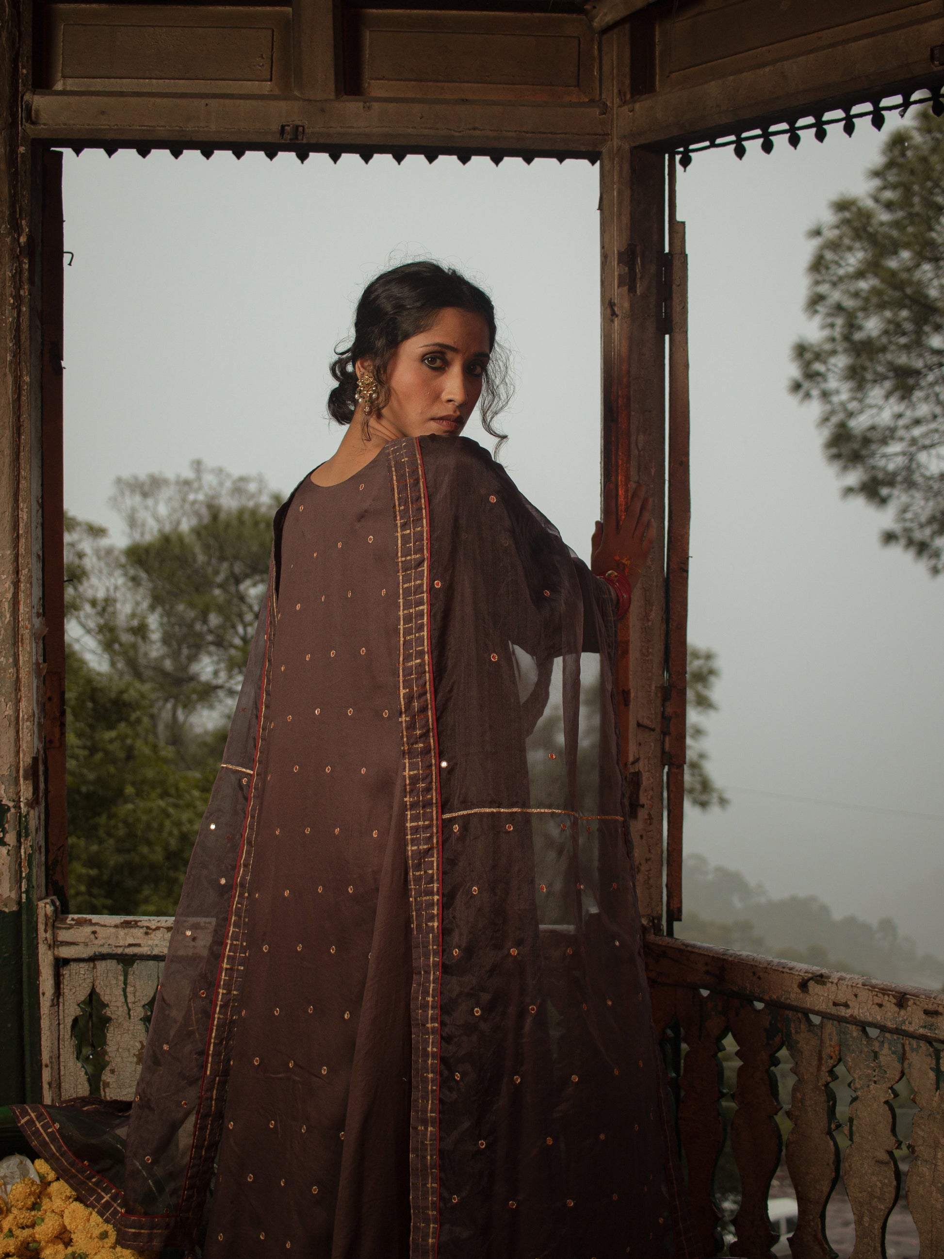 Purple Pansy Cotton Silk Hand Embroidered Kalidaar Set With Silk Organza Dupatta