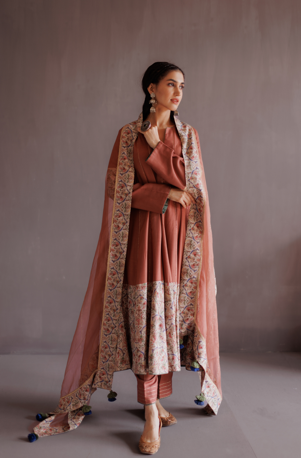 Dusty Rose Pink Pashmina Anarkali Suit Set