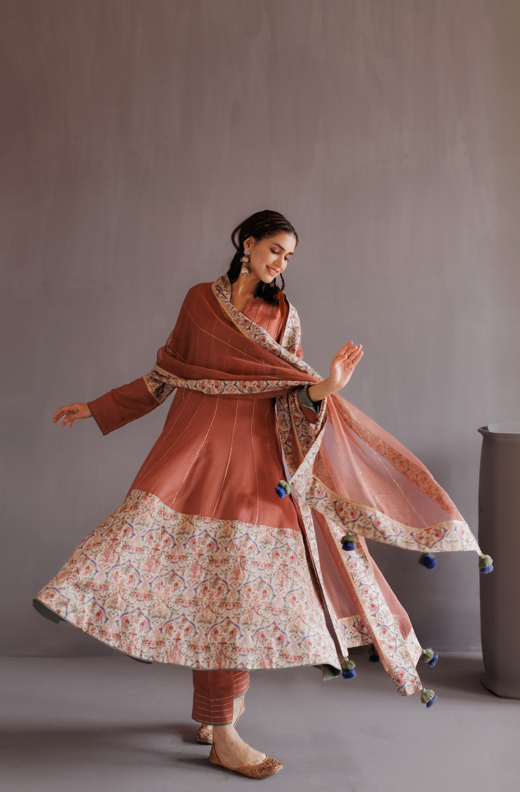 Dusty Rose Pink Pashmina Anarkali Suit Set