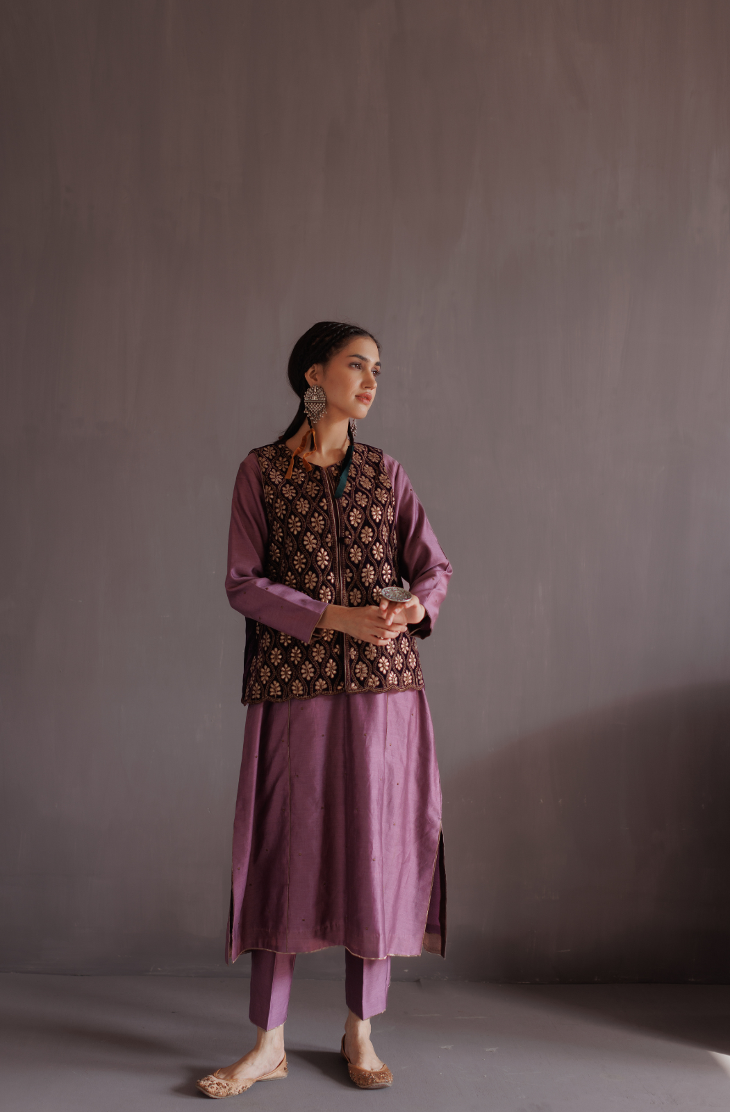 Royal Purple Silk A Line Kurta Set With Embroidered Velvet Jacket