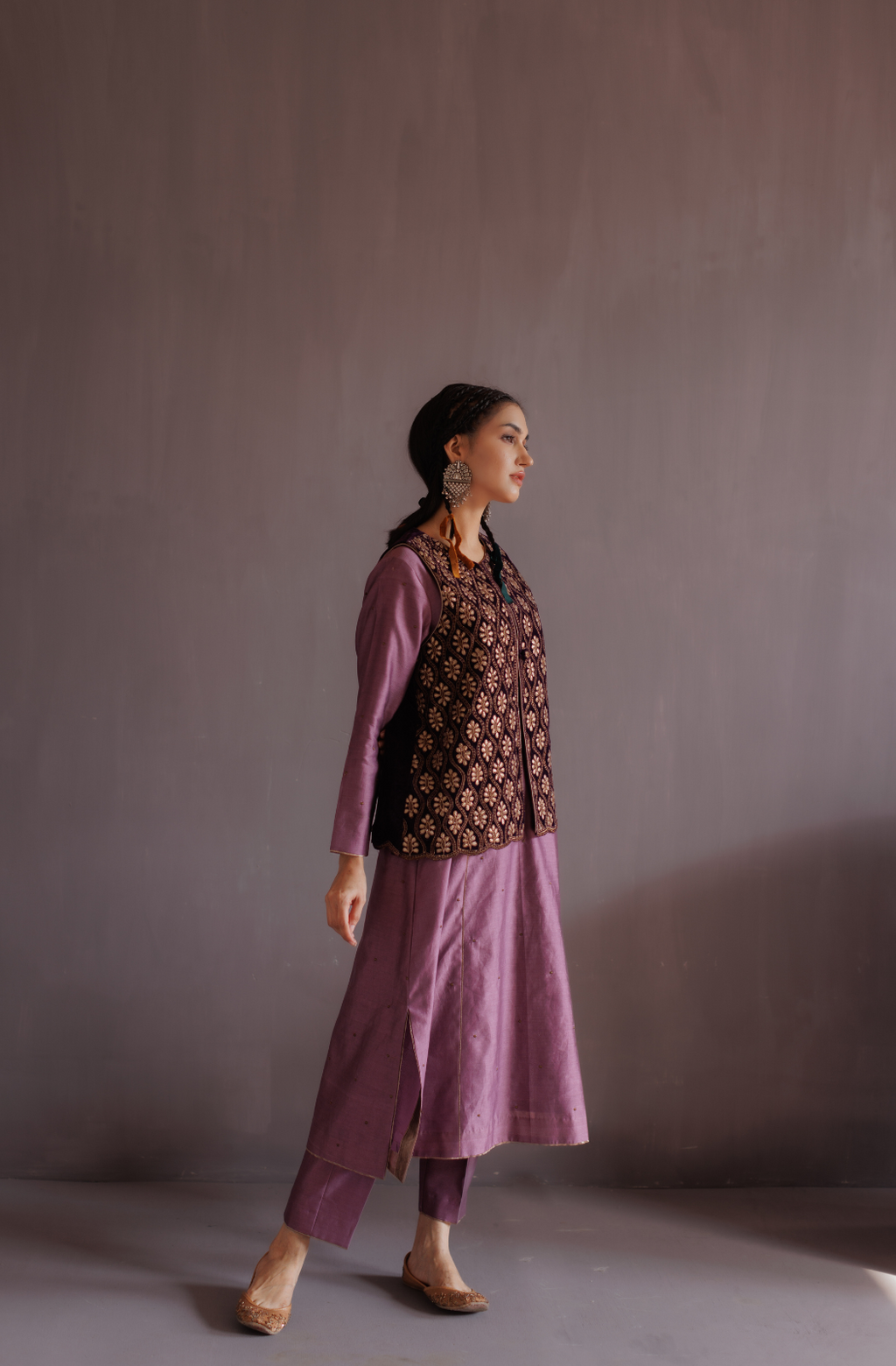 Royal Purple Silk A Line Kurta Set With Embroidered Velvet Jacket