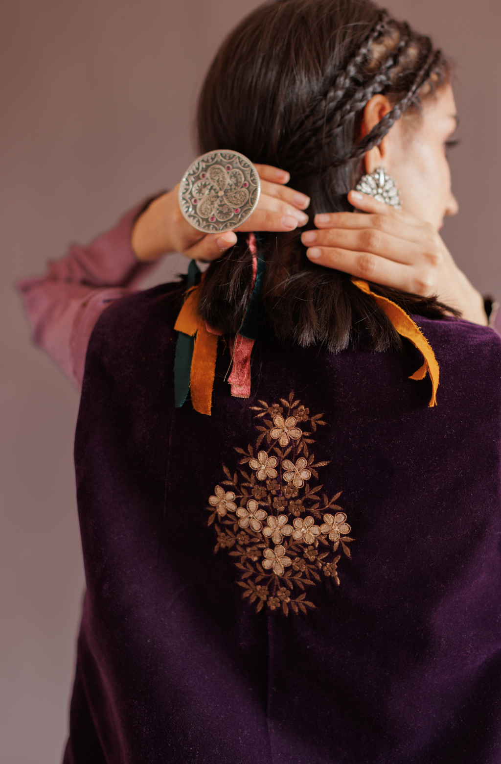 Royal Purple Silk A Line Kurta Set With Embroidered Velvet Jacket