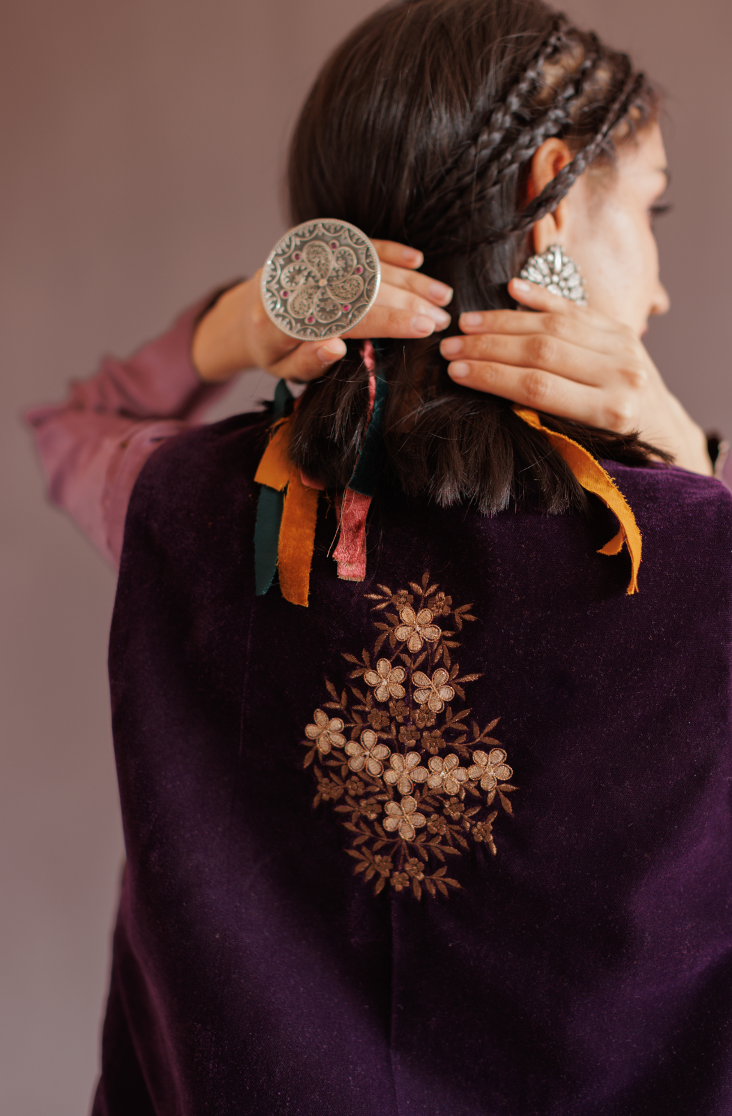 Royal Purple Silk A Line Kurta Set With Embroidered Velvet Jacket