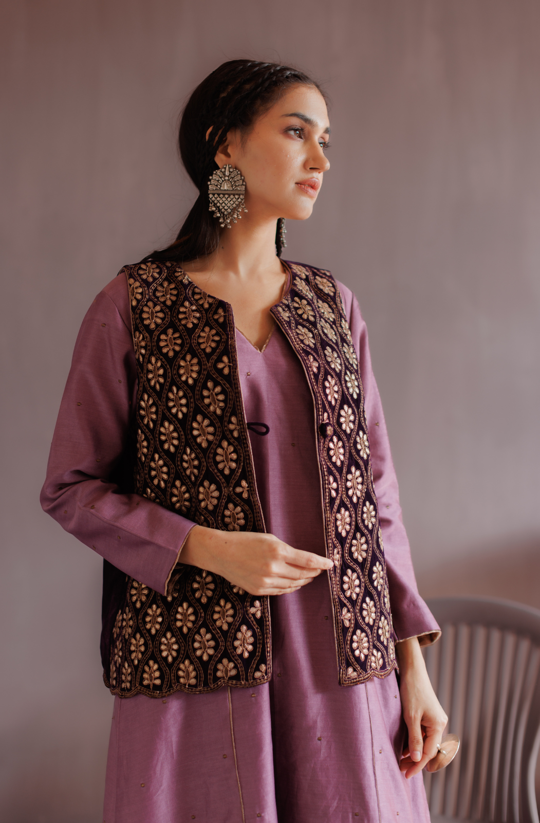 Royal Purple Silk A Line Kurta Set With Embroidered Velvet Jacket