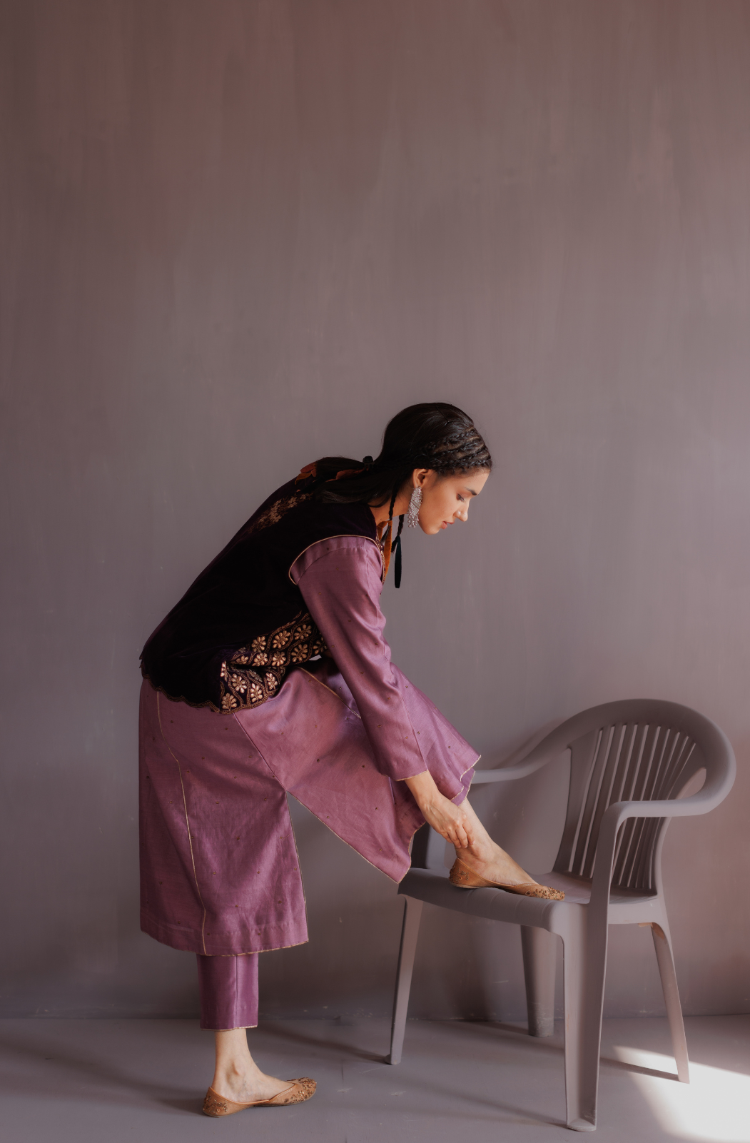 Royal Purple Silk A Line Kurta Set With Embroidered Velvet Jacket